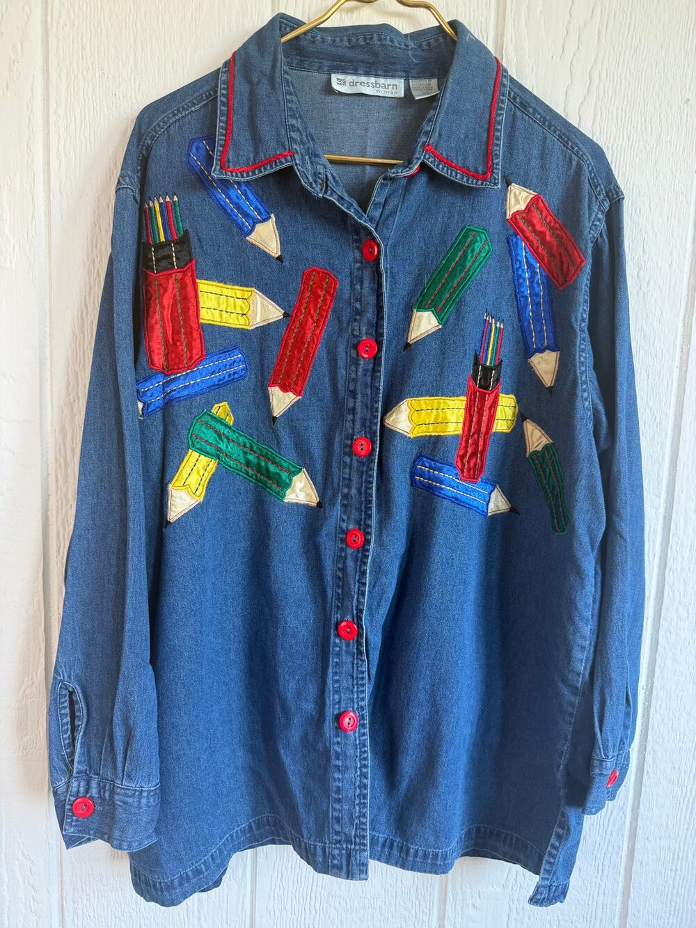 Vintage Teacher Pencil Artsy School Denim Button Up, 2X